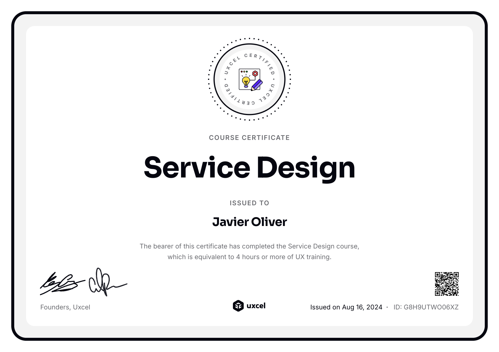 Javier Oliver's certificate